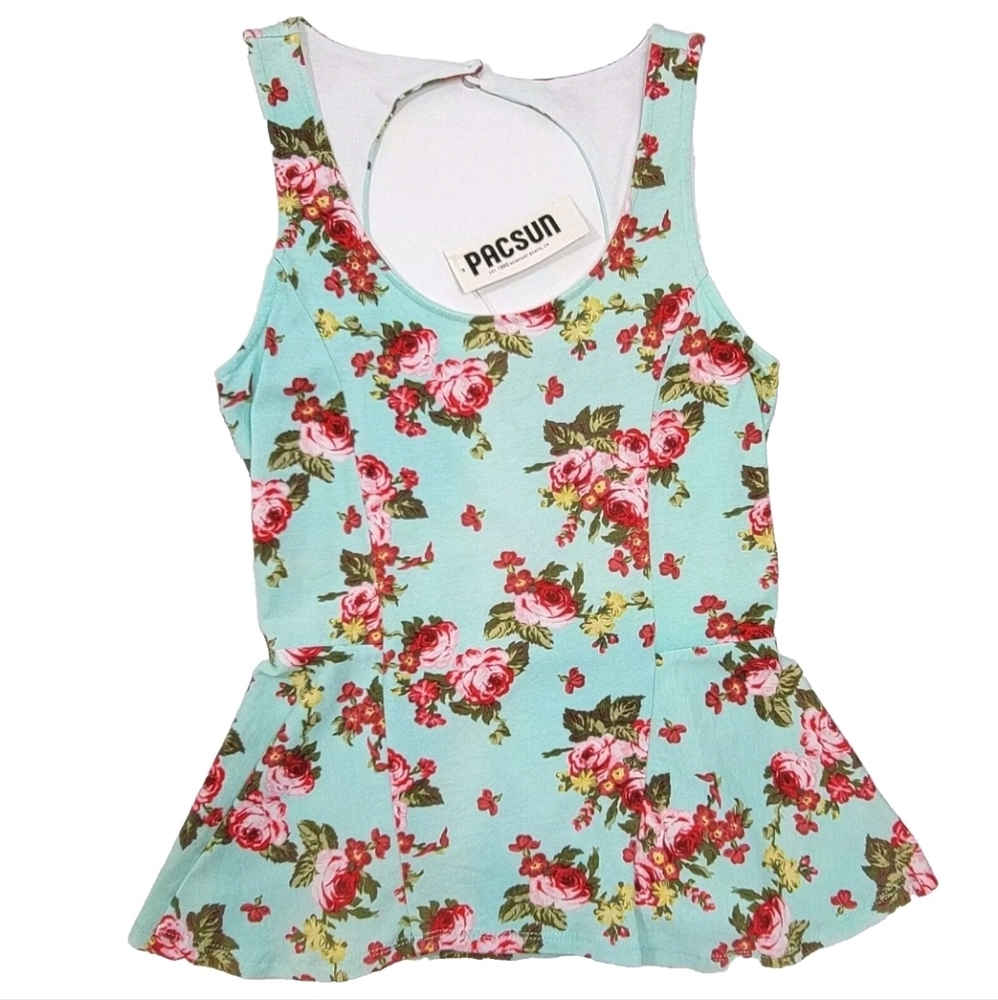 Pacsun Kirra Womens Babydoll Peplum Tank Top Small Mint Floral Y2K Bloomcore